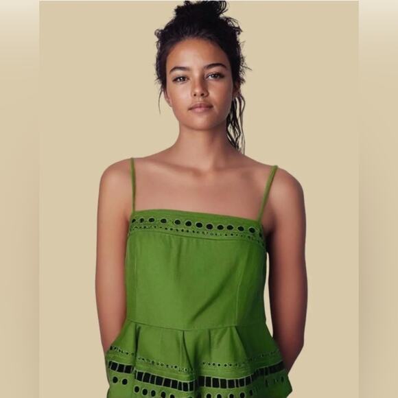 ANTHROPOLOGIE MAEVE SEABORNE CORSET PEPLUM TANK GREEN EYELETTE SIZE 0 - Picture 1 of 8